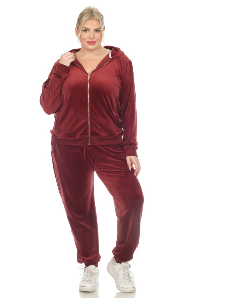 Front of a model wearing a size 2X Plus Size 2-Pc Velour Tracksuit Set in Brick Red by White Mark. | dia_product_style_image_id:320012